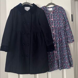 Rachel Riley Navy Velvet Button Coat and Button down flower Dress girls size 7